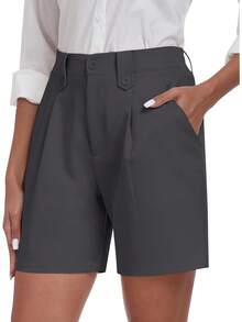 Dress Shorts Women Business Casual Summer Pleated Tailored Elastic Waist Work Office Trouser Shorts With PocketsA Valentine's Day LOS7 - 深灰色 - 查看 1