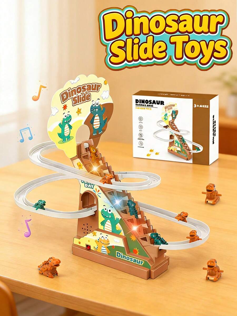 A Set Of Interactive Electric Building Track Toy, Dynamic Movement Electric Climbing Stairs Toy, Dinosaur Climbing Slide Toy, Comes With Small Dinosaur Cars, Track Slide Toy, Lights And Music,Interactive Playset, Ideal Gift