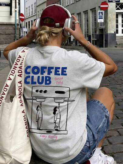 Summer New Minimalist Fashionable INS Hand-Painted Coffee Machine & Cartoon Character Print Casual Round Neck Grey Short Sleeve T-Shirt, Versatile & Suitable For Women
