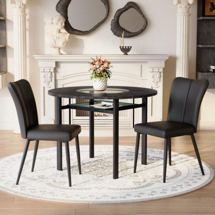Modern Minimalist Round Table Set (With 2 Black PU-Material Armchairs And Black Metal Legs), Round Table With A 100 Cm Diameter In Black Wood Look, Suitable For Living Room Etc. - Black - View 1