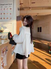 Korean Design Lace Trim Loose Casual Long Sleeve Shirt, Early Spring - White - View 5