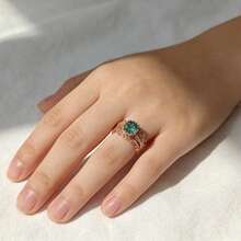 1枚复古欧式玫瑰金镂空藤蔓花卉戒指，镶嵌蓝绿色仿宝石花朵，女士礼物，适合约会和派对佩戴 - 玫瑰金色 - 查看 10