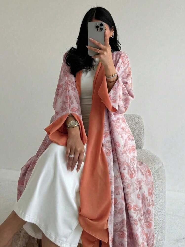 一件女士优雅时尚套装，长裙，优雅开衫，撞色印花长袍，开衩袖长袍，阿拉伯风格阿巴雅长袍 - 粉色 - 查看 1