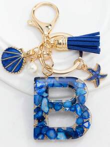 1PC Boho Nautical 26-Letter Resin Keychain - Blue & Golden Initial Pendant With Starfish/Shell/Tassel Charms, Fashionable Key Ring & Couple Bag/Backpack/Beach Bag Charm, Ideal Holiday Gift For Valentine's Day/Birthdays/Parties - Royal Blue - View 12