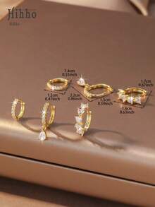 Hihho 3 Pairs Gold Zirconia Earring Set, Classic Zirconia Stud, Water Drop Pendant, Heart Hoop Earrings, Multi-Element Design, Shiny And Attractive For Daily Wear And Stacking - Stacking Earrings - View 6