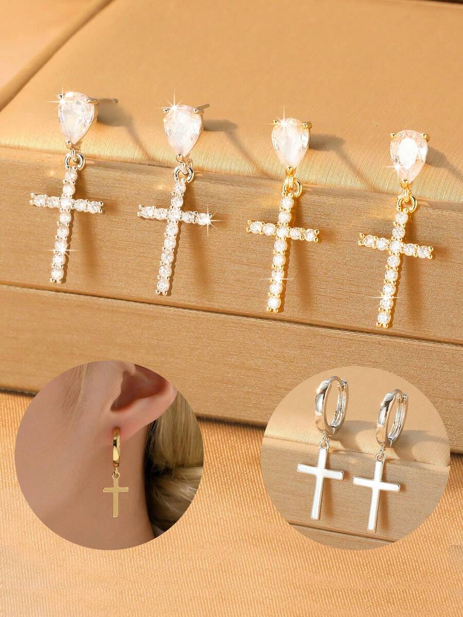 1pc Women's Rhinestone Cross Drop Earrings, Teardrop Diamond Long Earrings, Minimalist Elegant Versatile, Refined Not Flashy, Suitable For New Year, Birthday, Party - Multicolor - View 1