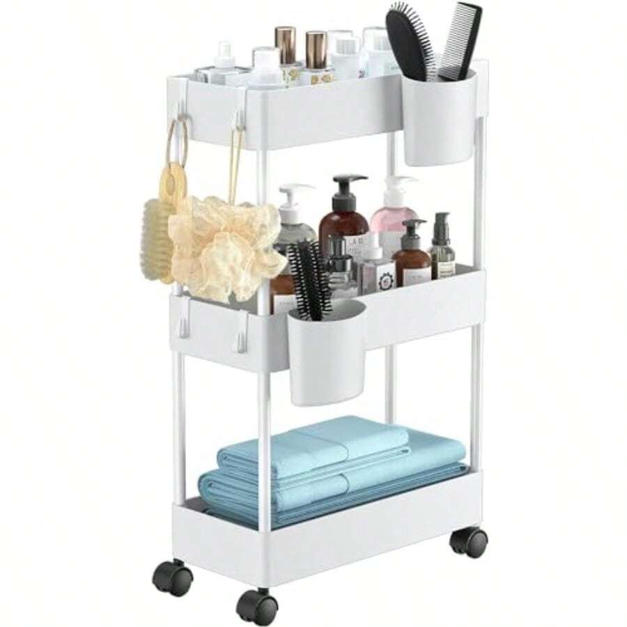 Timotech Carrito de Almacenamiento Delgado con Ruedas Carrito Organizador de Baño de 3 Niveles Carrito rodante para baño Lavandería Cocina Ideal para Espacios Estrechos Blanco - blanco - Ver 1