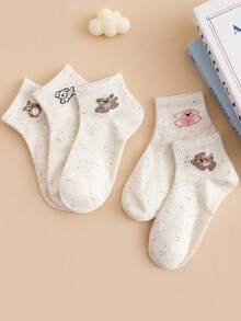 5双装女士波点网眼可爱卡通动物印花休闲短袜，米色，适合春夏穿着