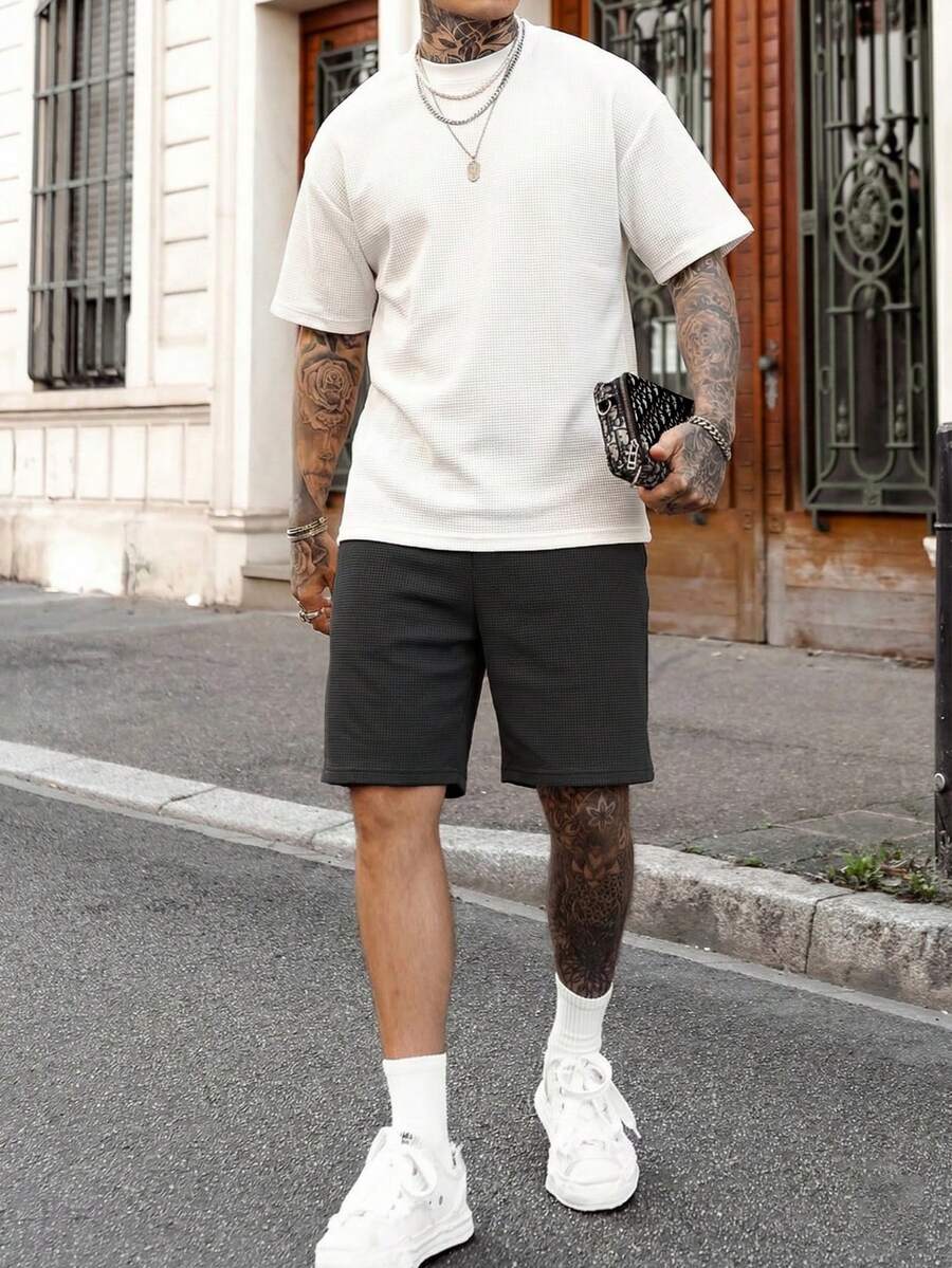 Krometka Set di maglietta a maniche corte e pantaloncini in tessuto a nido d'ape di colore unito casual da uomo, per primavera/estate - Bianco - Visualizzare 1