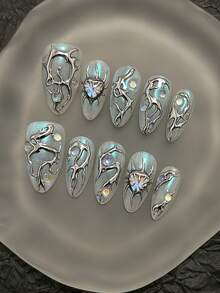 Ten-Piece Blue Cat-Eye Handmade Nail Art, Retro Gothic Handmade False Nails, Luxurious And High-End Style, Medium Almond Press-On False Nails, Spring False Nails, Reusable False Nails, A Gift For Women, Nail Art, Suitable For Girls Or Ladies To Wear To Parties Or Everyday Wear. Nail Supplies Handmade Press On Nails - Multicolor - View 2