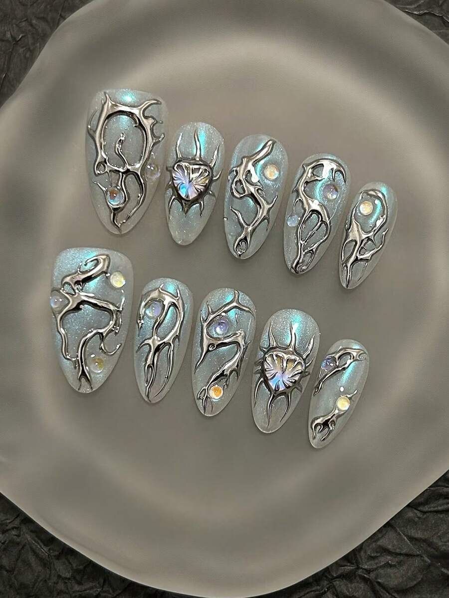 Ten-Piece Blue Cat-Eye Handmade Nail Art, Retro Gothic Handmade False Nails, Luxurious And High-End Style, Medium Almond Press-On False Nails, Spring False Nails, Reusable False Nails, A Gift For Women, Nail Art, Suitable For Girls Or Ladies To Wear To Parties Or Everyday Wear. Nail Supplies Handmade Press On Nails