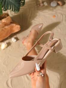 女士尖头粗跟凉鞋，休闲户外搭扣高跟鞋，优雅正式礼服鞋，驼色 - 駝色 - 查看 2