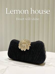 1 pieza Bolso de mano de noche elegante y brillante con volantes en negro, bolso de mano de mujer de moda y sofisticado, adecuado para ocasiones formales como bodas, fiestas, galas - Negro - Ver 4