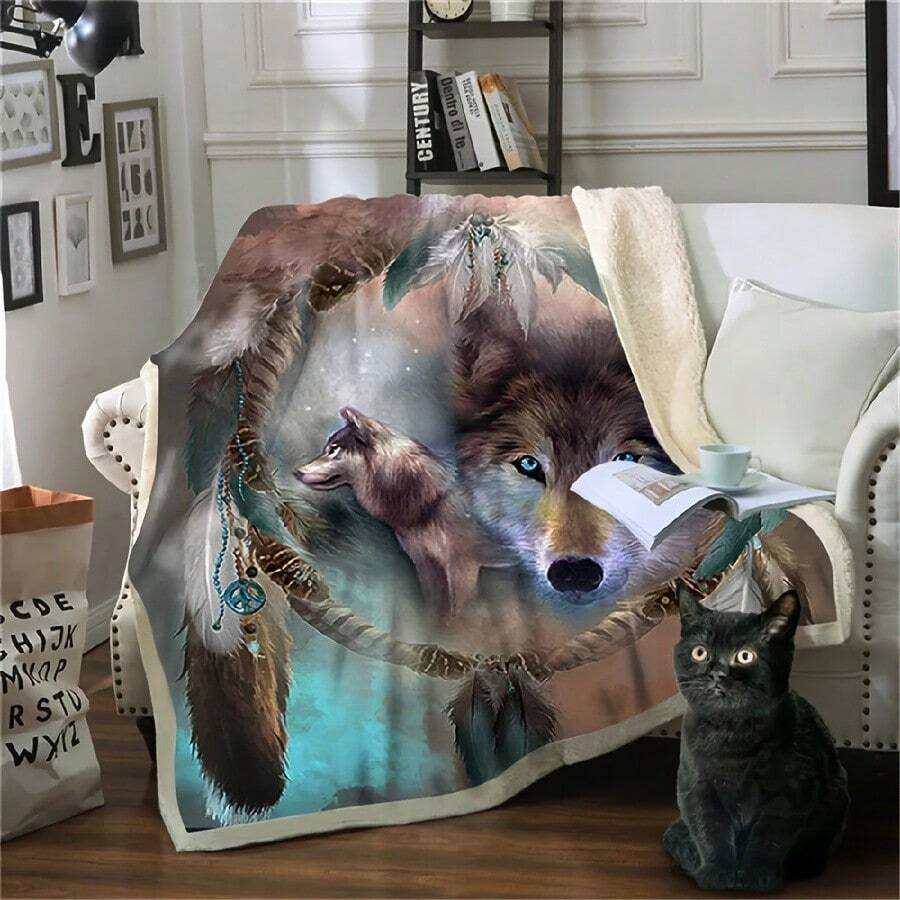 New Wolf Blanket Men 3D Cartoon Sherpa Blanket Double Thick Velvet Warm Super Soft Flannel Office Nap Blanket Sofa Bedding 0095 - 白色 - 查看 1