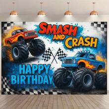 Telón de fondo para fiesta de cumpleaños con tema de monster truck, con una pancarta de monster truck estrellado, decorado con grandes banderas de carreras y texto "¡Aplastar/Feliz Cumpleaños!". Ideal para fiestas con tema de carreras, cumpleaños, carnavales, festivales, decoraciones del Carnaval de Colonia, mesas de pastel, fondos fotográficos y decoración única para fiestas de cumpleaños. - Multicolor - Ver 2