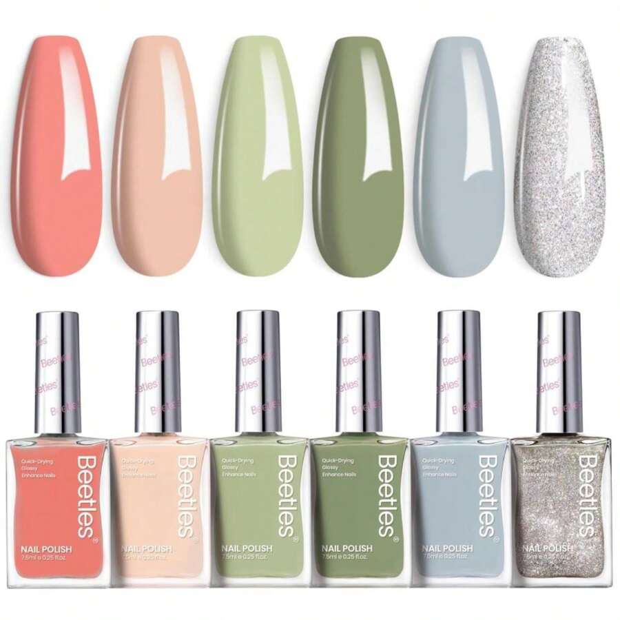 Beetles Nail Polish Set P176, 6 Colors Glitter Green Nude Natrual Pink Nail Lacquer Fast Drying &Amp; Long Lasting Finger Fall Nail Polish Glitter Effect For DIY Nail Art Salon At Home Gifts For Women - Màu E - Xem 1