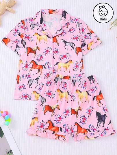 Set de 2 piezas de pijama con estampado de caballos y flores coloridos para niña preadolescente, con top de manga corta con cuello y pantalones cortos de cintura elástica, adecuado para fiestas, salidas y uso en casa, gran regalo para niña preadolescente