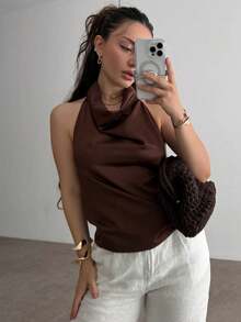 性感女士缎面露背纯色百搭女式上衣别致优雅晚宴派对女士吊带背心休闲 - 棕色 - 查看 2