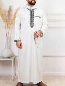 穆斯林男士长袖刺绣连帽拉链长袍，宽松休闲伊斯兰男士长袍，柔软面料，四季皆宜 - 白色 - 查看 1