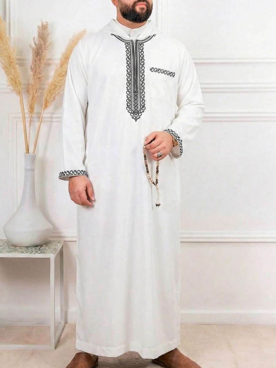穆斯林男士长袖刺绣连帽拉链长袍，宽松休闲伊斯兰男士长袍，柔软面料，四季皆宜 - 白色 - 查看 1