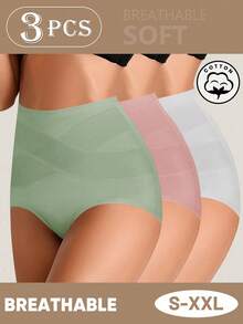 MEIYATING 3条装女士高腰纯棉三角裤，收腹提臀，交叉绑带设计 - 彩色 - 查看 2