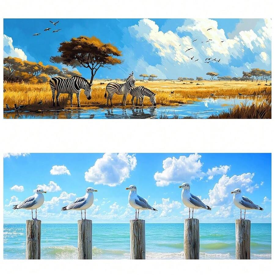 Yomiie 2 Pack Large Diamond Art Kits For Adults, Zebras & Birds Diamond Painting Art Landscape DIY Full Round Drill Kits, Rhinestone Diamond Crystal Craft Canvas Home Wall Decor 31.5x11.81 Inch - 斑馬和鳥類 - 查看 1