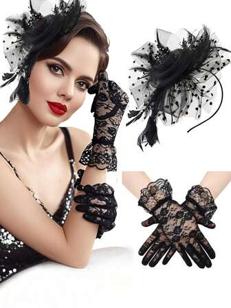 2件套 D EXCEED 1950年代茶会服装配饰套装，包括头饰帽、蕾丝手套，优雅的服装配饰，适合歌剧舞会、派对、舞蹈表演、盛大晚会、花园派对、友谊礼物、赛马会等场合。