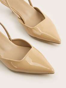 女士纯色亮面漆皮小猫跟鞋，优雅尖头高跟凉鞋，时尚踝带露趾高跟鞋，正式场合婚礼派对礼服鞋 - 杏色 - 查看 4