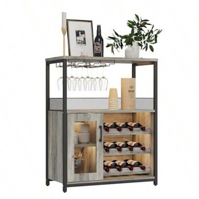 Industrial Rustic Wine Bar Cabinet With Wine Rack Glass Holder And Adjustable Shelves Wine Rack Table With Baffle Design And Adjustable Feet For Kitchen Storage-Grey