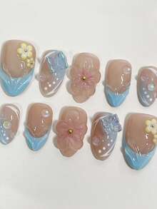 10片装蓝色法式3D立体杏仁形短款可爱花朵Y2K温柔少女ins风手工可佩戴美甲贴片，适合日常佩戴，按压式美甲贴纸，美甲配件，美甲用品，手工按压式美甲贴片 - 藍色 - 查看 2