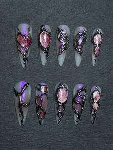 Ten Pink Cat-Eye Handmade Nail Art Pieces, Retro Butterfly Style, Handmade False Nails, Luxurious And High-End Style, European And American Hot Girl Style, Long Almond Press-On False Nails, Spring False Nails, Reusable False Nails, Ladies' Gift, Suitable For Girls Or Ladies To Wear To Parties Or Everyday Wear. - Multicolor - View 3