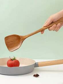 Uncoated Teak Frying Pan, Wooden Spatula Spoon Long Handle Cooking Set, Rosewood Kitchen Utensils - Multicolor - View 2