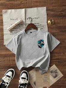 男童休闲印花圆领短袖T恤，夏季上衣 - 淺灰色 - 查看 6