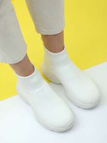 Women's All Black High-Top Cushioned Casual Sports Shoes, Knit Sock Shoes, Slip-On Dance Shoes - White - View 3