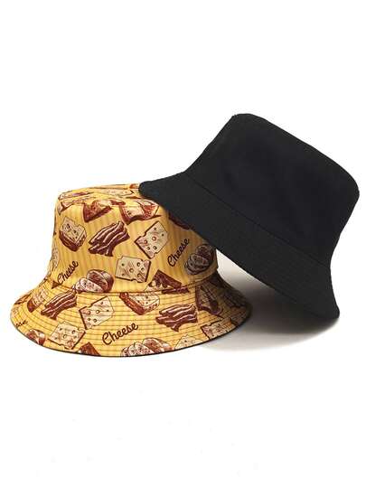 1顶男女通用休闲渔夫帽，双面卡通饼干奶酪图案，多功能户外遮阳帽，适合日常佩戴