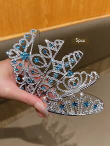 5pcs Silver Crown Tiara, Fashionable & Sweet Style, Suitable For Performance And Birthday Party, Affordable Hair Accessories - Silver - View 3