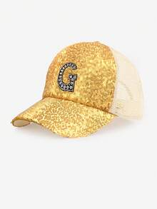 1pc Adult Gold Faux Crystal Rhinestone Letter Decor Trucker Hat, 26 Letters Available, Fashionable Breathable Lightweight Sun Visor Mesh Cap, Suitable For Men & Women, Spring/Summer Daily Commute, Outdoor Hiking, Camping, Gift - Gold - View 35