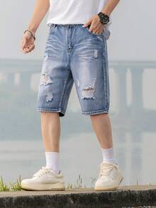 Teenage Boys' Casual Campus Fashion Straight Leg Denim Shorts, Versatile Streetwear - Light Wash - View 10