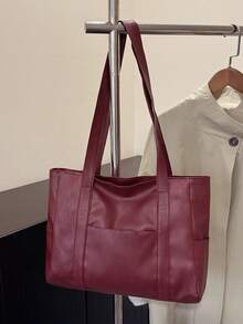 Sac à main transfrontalier, unisexe, mode, matériau en PU, couleur unie, minimaliste, sac à bandoulière/sous le bras/à poignée supérieure multifonctionnel, convient pour un usage quotidien décontracté, les déplacements, les courses, les voyages et diverses occasions - Rouge foncé - Voir 9
