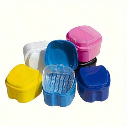 1pc Oral Denture Care Cleaning Box, Denture Cleaning & Hanging Net Container, Denture Cleaning Bath Bowl Box With Filter, Plastic Cleaning Box, Portable Colorful Denture Storage Box, Denture Storage Box With Filter, Plastic Denture Fixing Box With Lid, Suitable For Travel, Home And Daily Use