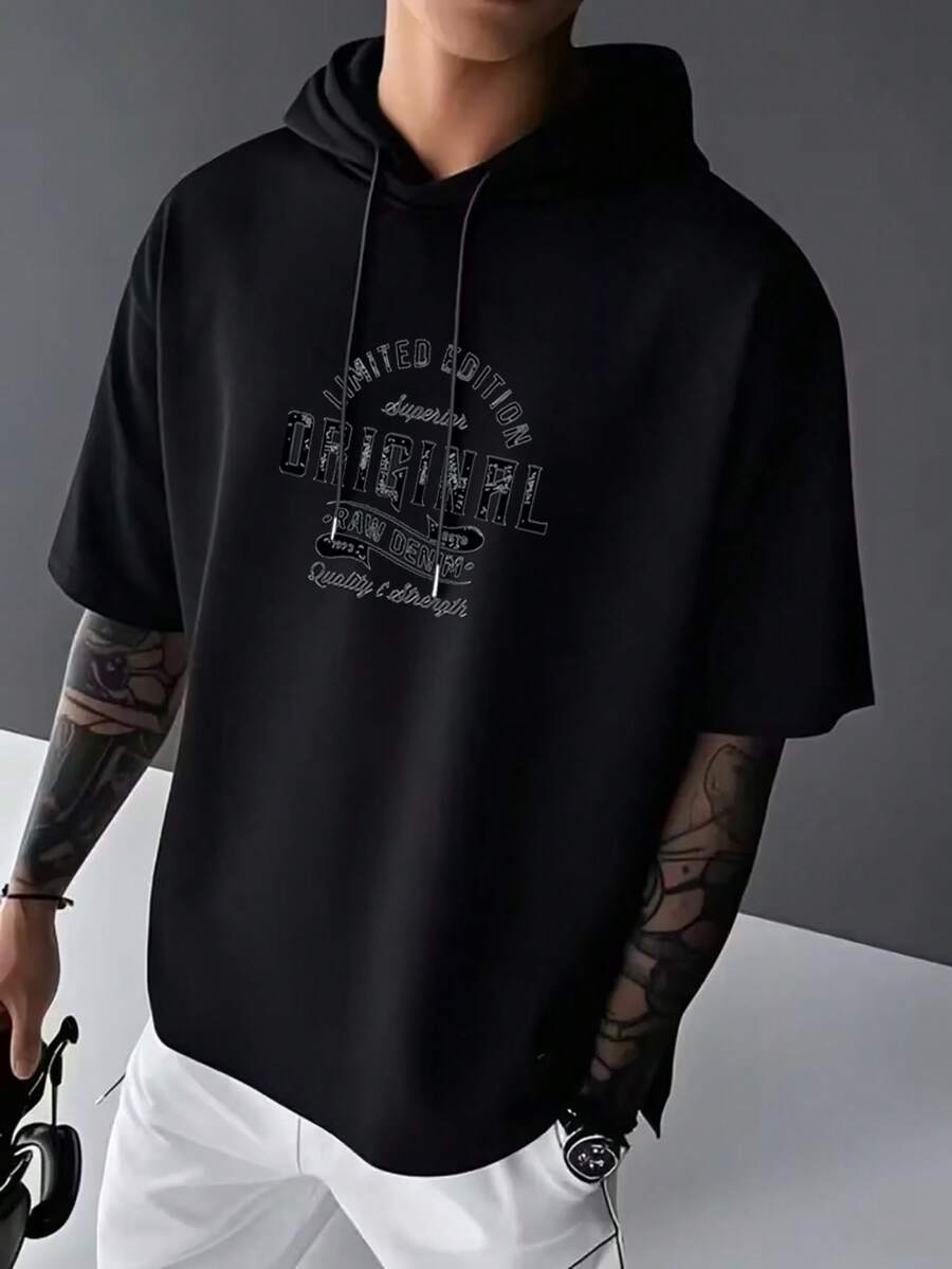 Men's Fashionable Versatile Casual "ORIGINAL" Printed Hooded Short Sleeve T-Shirt, Summer - Black - View 1