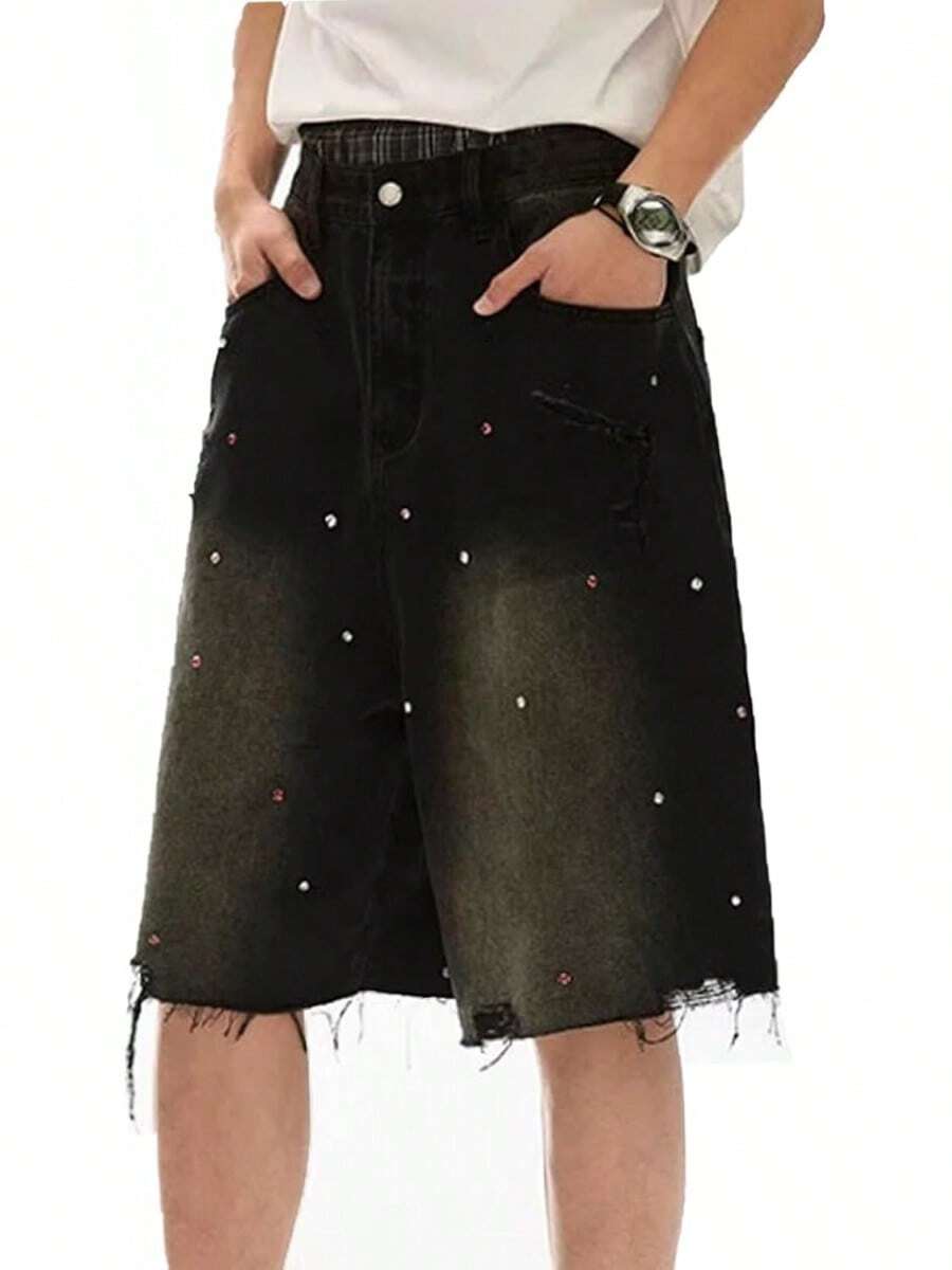 Y2K Baggy Jeans Shorts Wide Leg Washed Shorts Grunge Ripped Bermuda Jorts Hop StreetwearA Valentine's Day WGZU - Classic Black - View 1