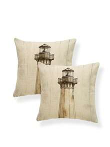 2件装米色浅棕色复古灯塔图案抱枕套，复古航海亚麻风格抱枕套，家居装饰方形沙发客厅卧室床椅靠垫套（不含填充物） - 米色 - 查看 8