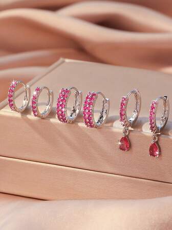 3 Pairs Fuchsia Zirconia Embedded Teardrop Hoop Earrings Set, Fashionable & Minimalist Design, Versatile For Women To Layer, Suitable For Holidays, Dates, Gatherings With Friends, Formal Occasions
