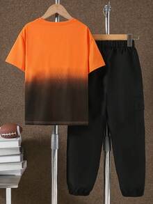2pcs/Set Boys' Casual 1977 Gradient Print Short Sleeve T-Shirt And Cargo Pants Outfit, Spring/Summer - Burnt Orange - View 2