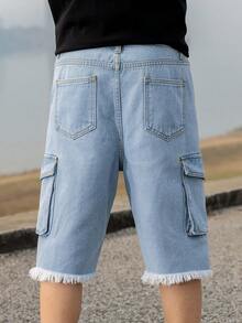 Teenage Boys' Casual Campus Fashion Straight Leg Denim Shorts, Versatile Streetwear - Light Wash - View 7