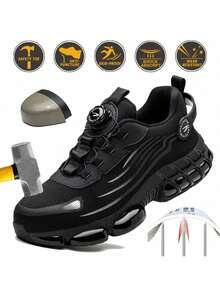 Wide Fit Men's Safety Shoes, Steel Toe Shoes, Work Shoes With Rotary Button, Black Cushioned Anti-Crush Sports Shoes, Hiking Shoes, Anti-Puncture Industrial Construction Protective Labor Protection Shoes, Comfortable Breathable Security Work Boots, - 黑色 - 查看 1