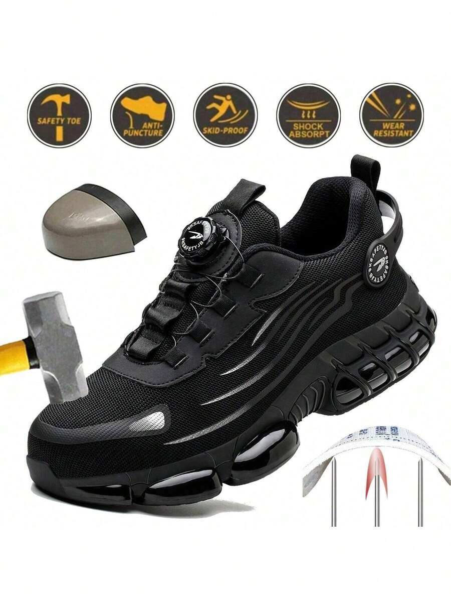 Wide Fit Men's Safety Shoes, Steel Toe Shoes, Work Shoes With Rotary Button, Black Cushioned Anti-Crush Sports Shoes, Hiking Shoes, Anti-Puncture Industrial Construction Protective Labor Protection Shoes, Comfortable Breathable Security Work Boots, - 黑色 - 查看 1