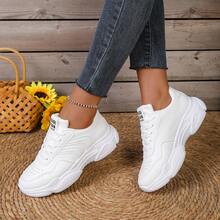 2026新款春夏女式厚底休闲运动鞋，透气运动鞋，时尚系带白色鞋 - 白色 - 查看 11