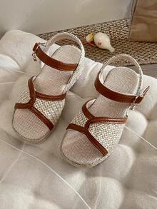 Girl's Woven Wedge Sandals With Ankle Strap & Rhinestone Buckle - Beige - View 1
